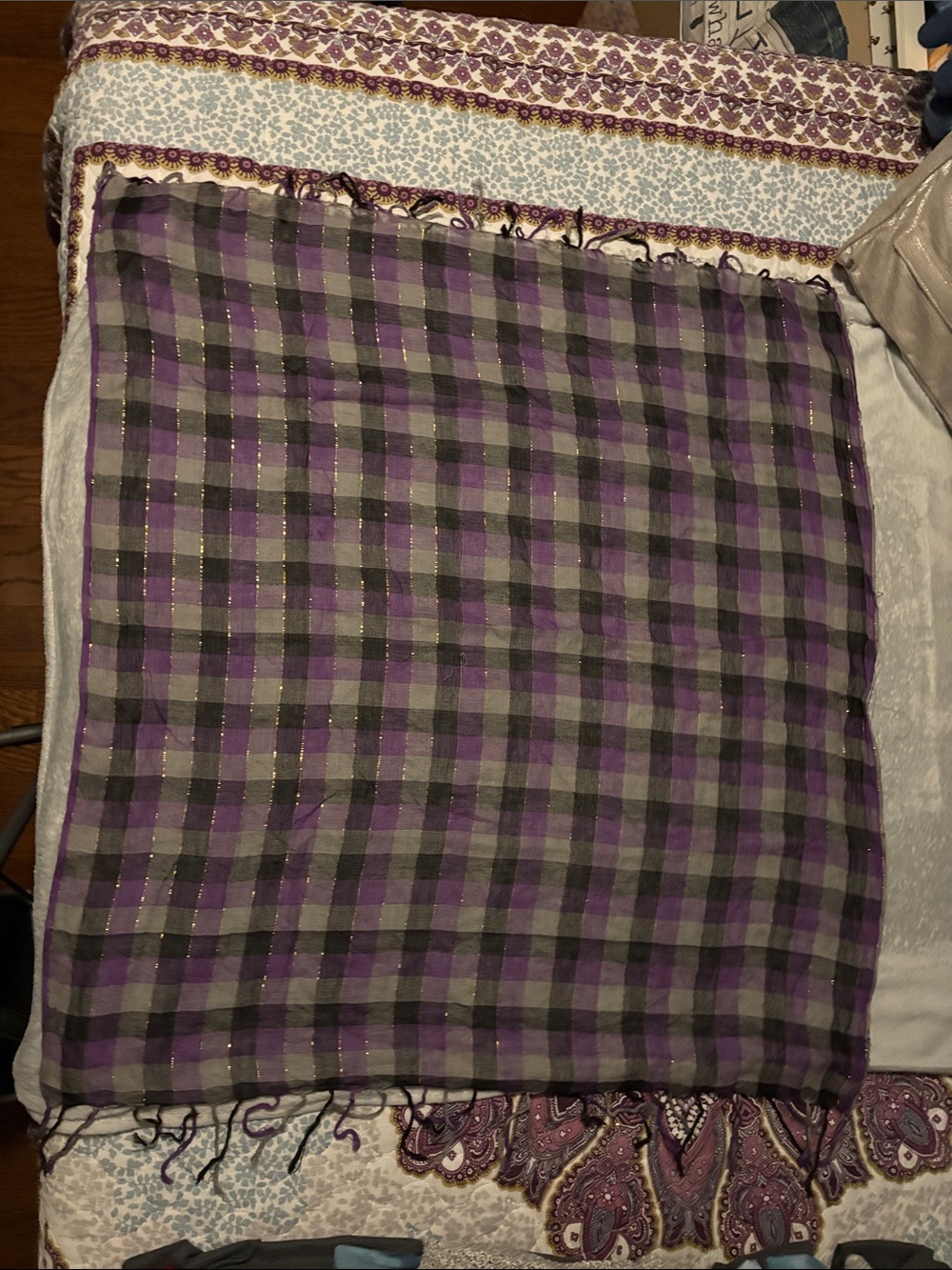 Purple and Gray Plaid Fringe Scarf